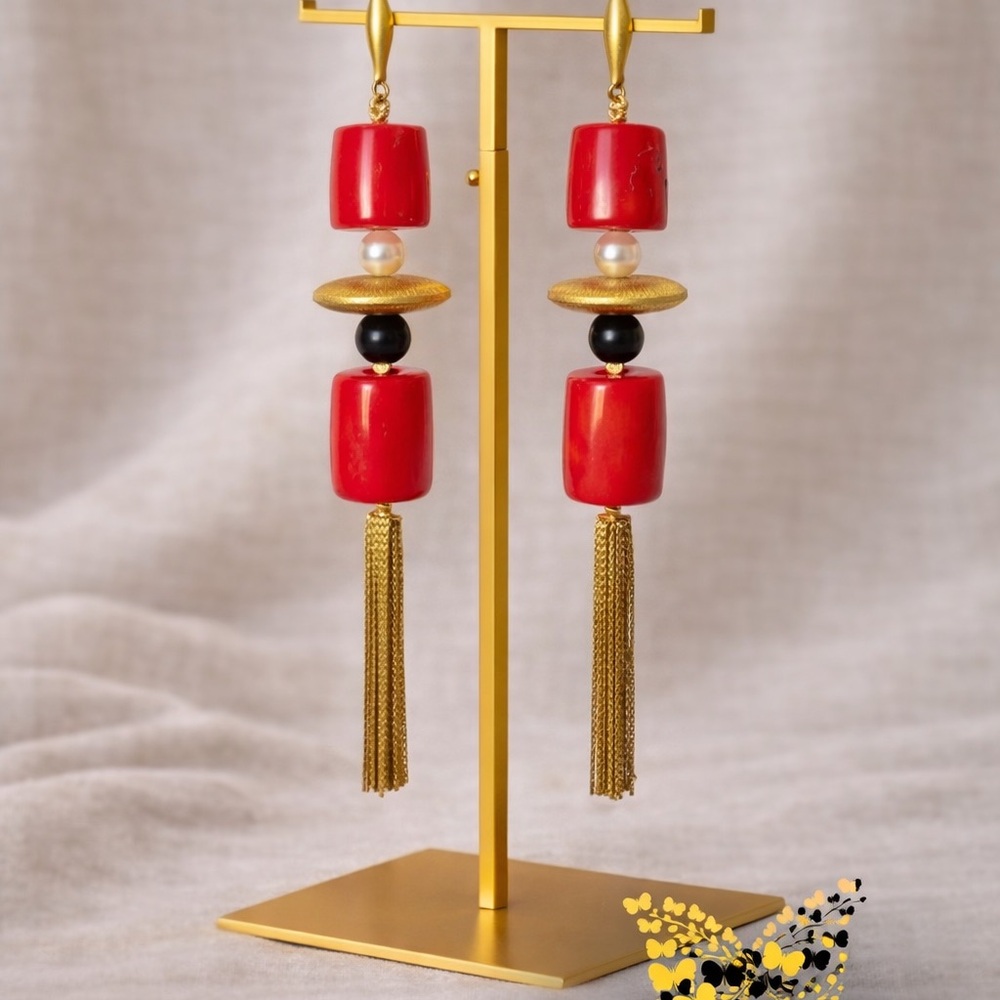 Elegant Red and Gold Tassel Earrings